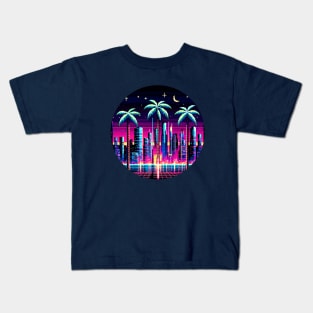 Cyber Palms - 8-Bit Neon Cityscape with Futuristic Palm Trees Kids T-Shirt